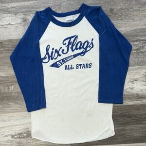 Vintage 80s Six Flags St Louis All Stars Blue Womens S Raglan Baseball T-Shirt